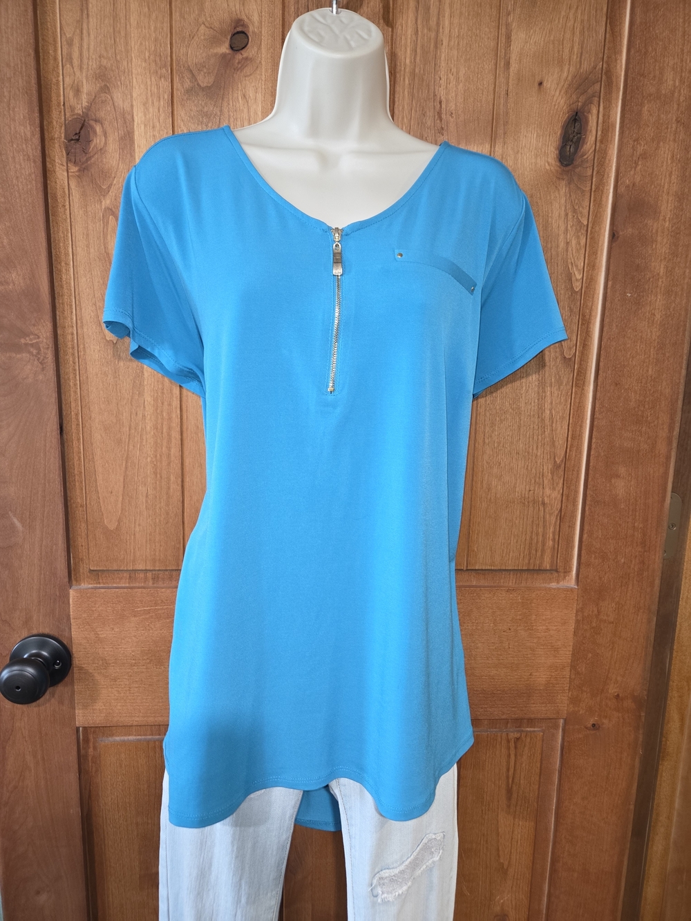 Roz & Ali Bright Turquoise Short-Sleeve Zip-Front Top
